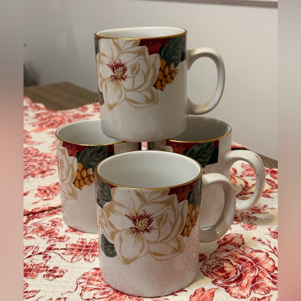 TIENSHAN Fine China Magnolia 4pc Coffee Mugs 14oz Excellent Condition